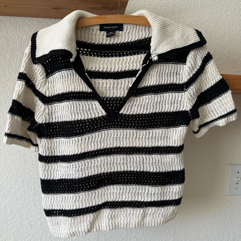 Sanctuary Knitted Collared Top In Black and Cream Stripe XXS - Picture 2 of 4